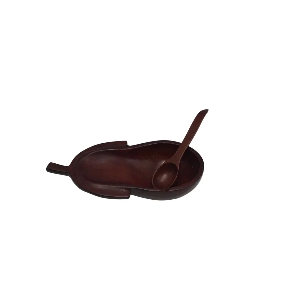Vintage Hand Carved Wood Leaf Snack Bowl with Spoon Haiti Mahogany Tone 8.5 Inch